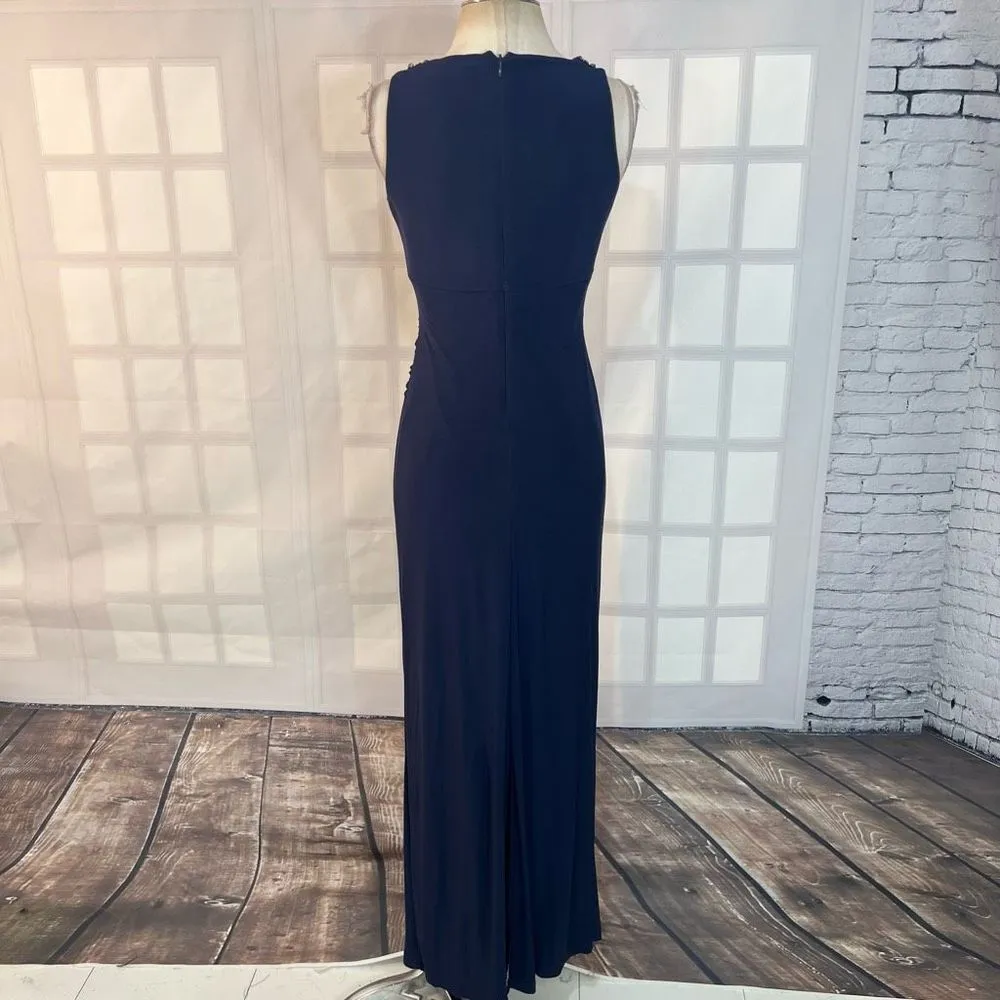 Eliza J Jeweled Neckline Sleeveless Side Ruched Navy-Blue Long Gown Size 4 - Image 6