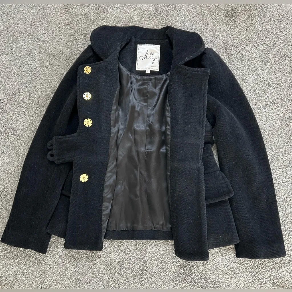 Milly of New York Black Wool Blend Military Peacoat with Gold Buttons size 2 - Image 7