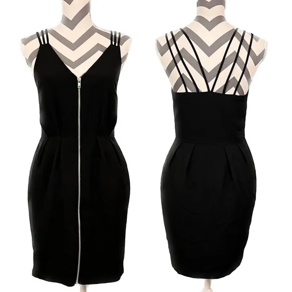 Asos Zipper Front Spaghetti Strap Black Dress - Size 6 - Image 2