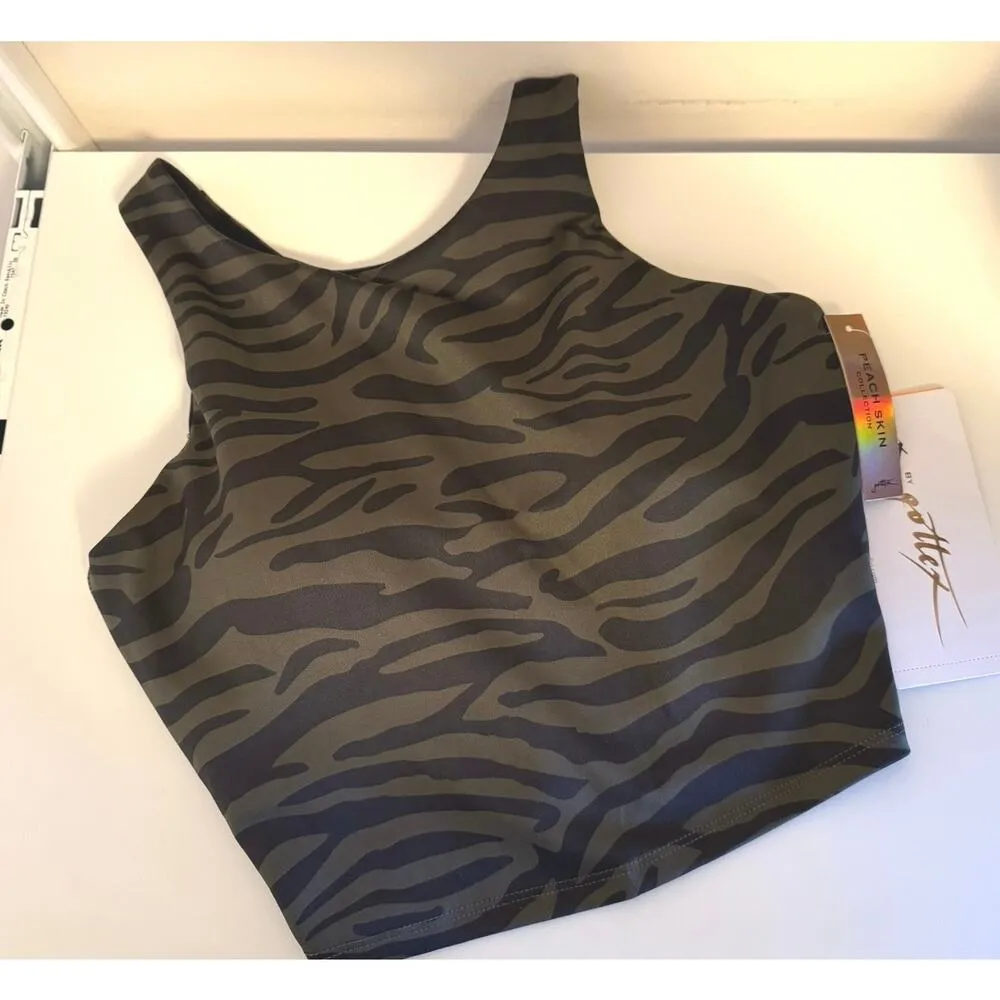 Gottex Studio Y Back Sports Bra Crop Top Olive Green & Black Zebra Small - Image 7
