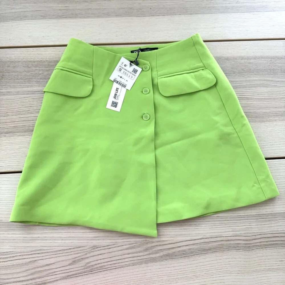 Zara Womens Mini Skirt Green Buttoned Textured High-Rise Bloggers Favorite S - Image 2