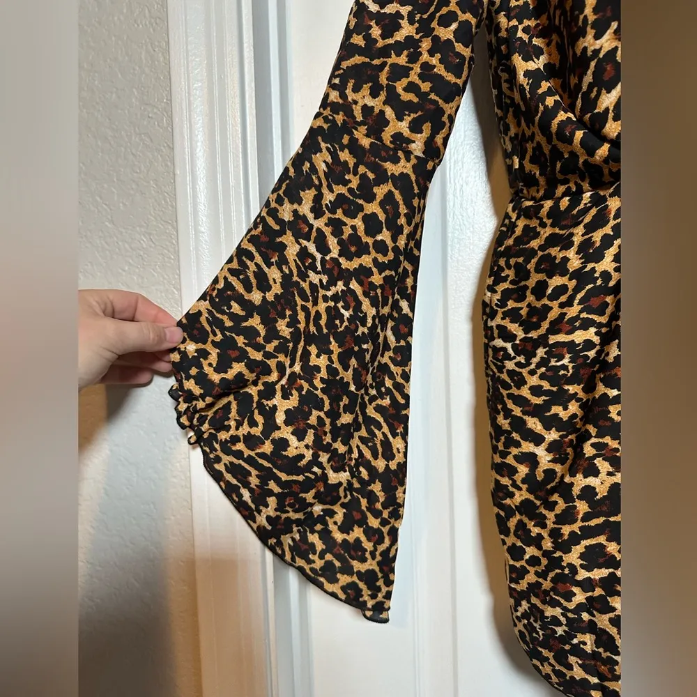 VICI Leopard Print Animal Print Deep V Mini Dress w Flare Sleeves Stretch Waist - Image 5