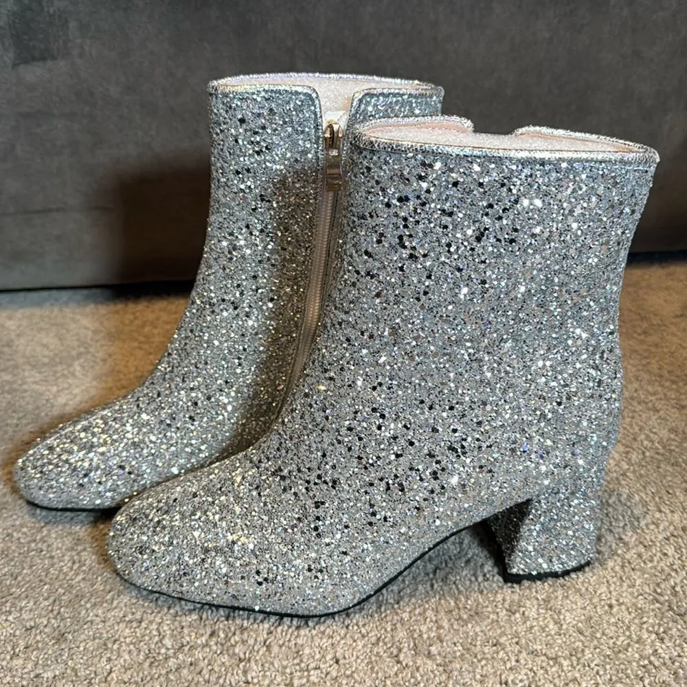 Women’s Silver Glitter Covered Sparkly Chunky Heeled Boots Size 7.5 NEW Silver - Image 2