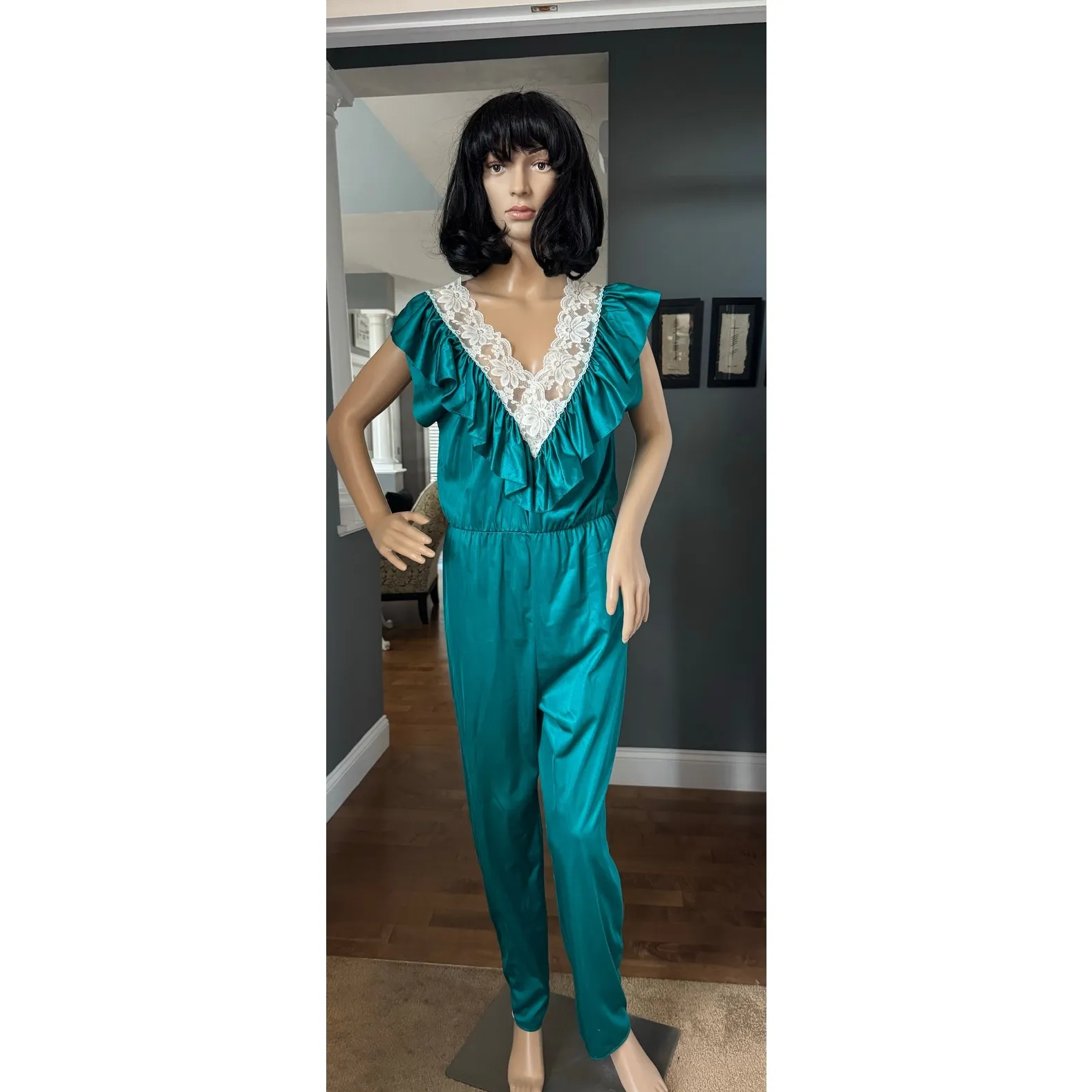 Vintage 70s Lady Cameo Dallas teal lace Ruffle Disco jumpsuit USA Made medium - Image 15