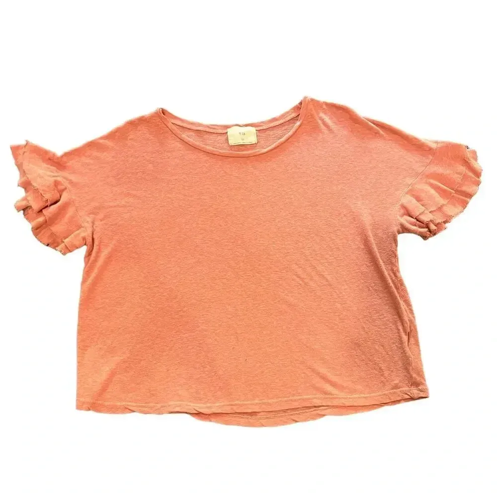 Anthropologie t.la Pink‎ Women's XXS Cropped Ruffle Flutter Sleeve Hemp Tee Pink - Image 2