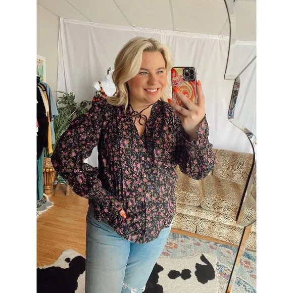 Free People Floral Tie Neck Balloon Sleeve Blouse Size Small - Image 17