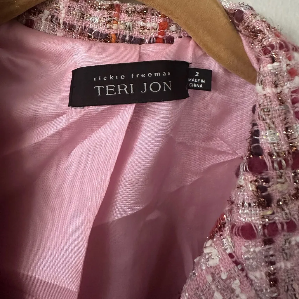 Teri Jon by Rickie Freeman Pink Preppy Wool/Silk Tweed Blazer Bow Jacket Blazer Size 2 - Image 3