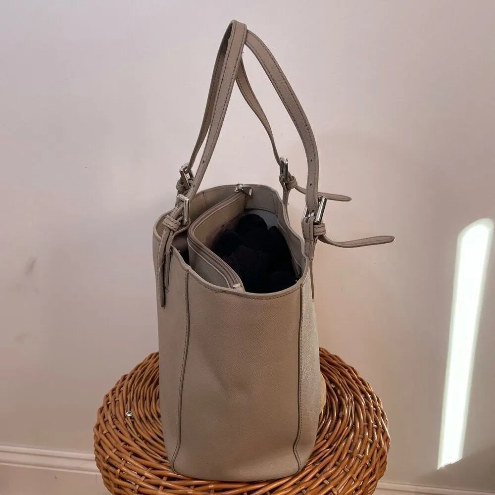 Tory‎ Burch York Buckle Tote Bag Saffiano Leather Taupe Shoulder Purse Double - Image 3