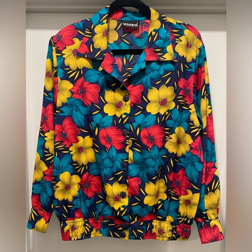 VTG Retro 80s 90s  Bold Colorful Floral Button-Up Long Sleeve Blouse - Image 5