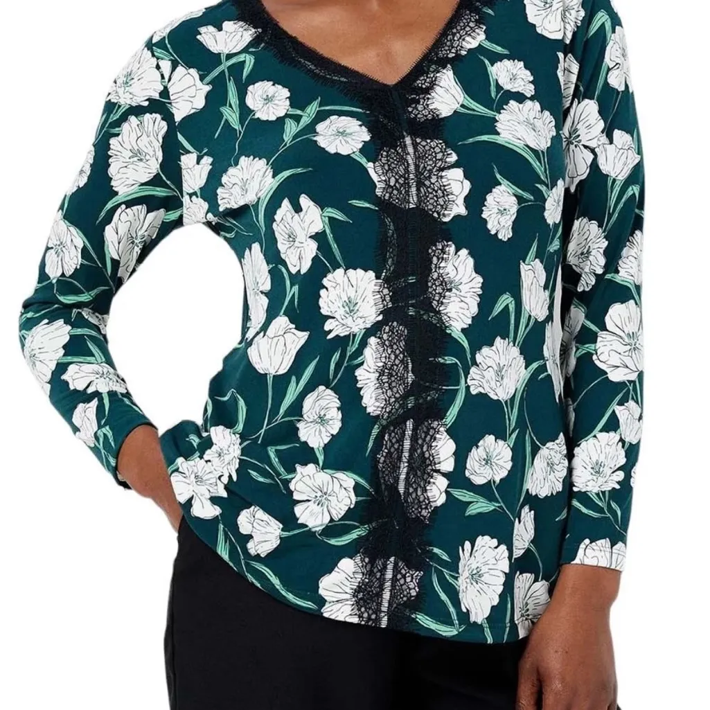 Jason Wu Eyelet Lace Front V-Neck Floral Print Top Evergreen & White - Image 2