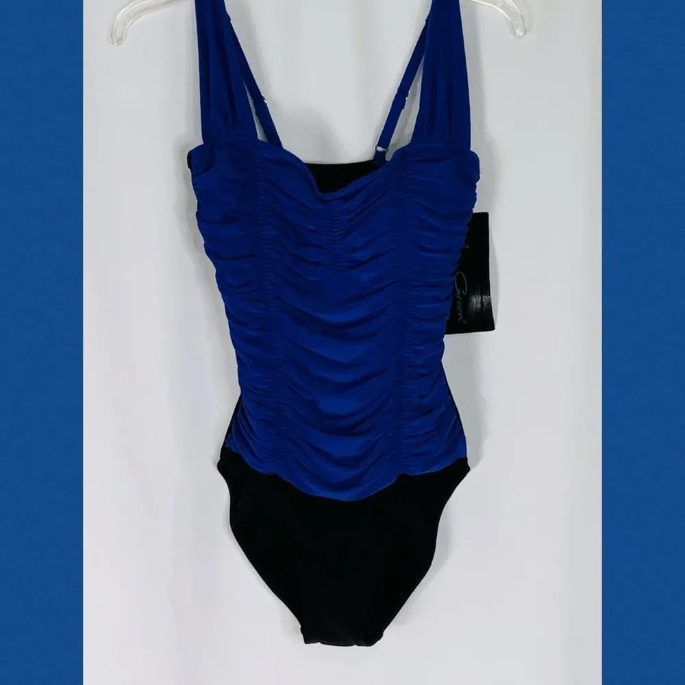 NWT Aqua Green Sapphire Blue & Black Runched One Piece Modest Swimsuit Small - Image 4