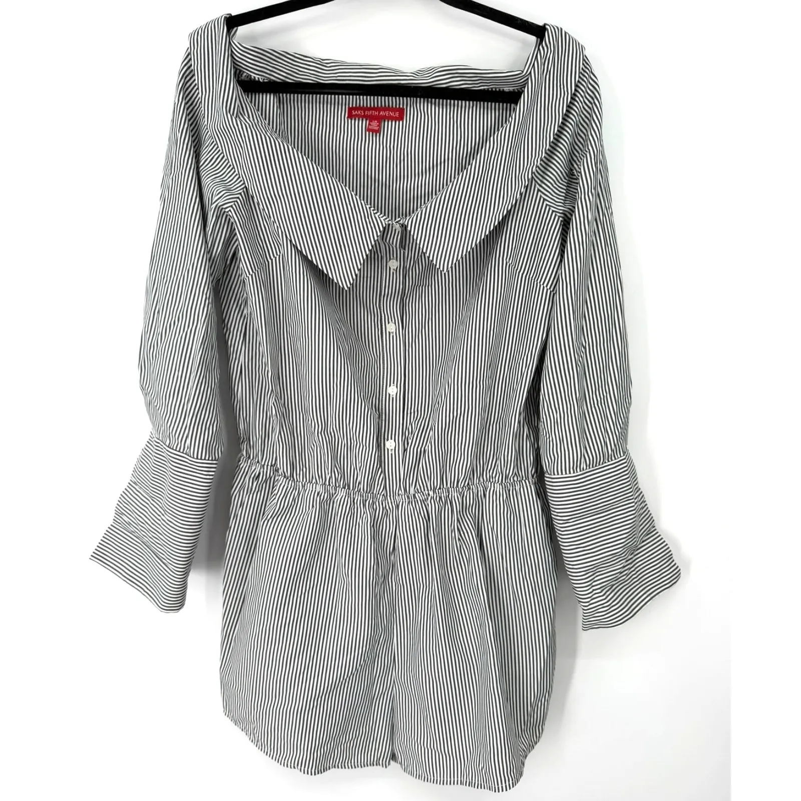 SAKS FIFTH AVENUE L Romper Short Set Off Shoulder Top PinStripe Button Up Down - Image 2
