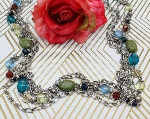 Premier Designs Silver Tone Multi Strand Chain Necklace Colorful Bead Stations - Image 1