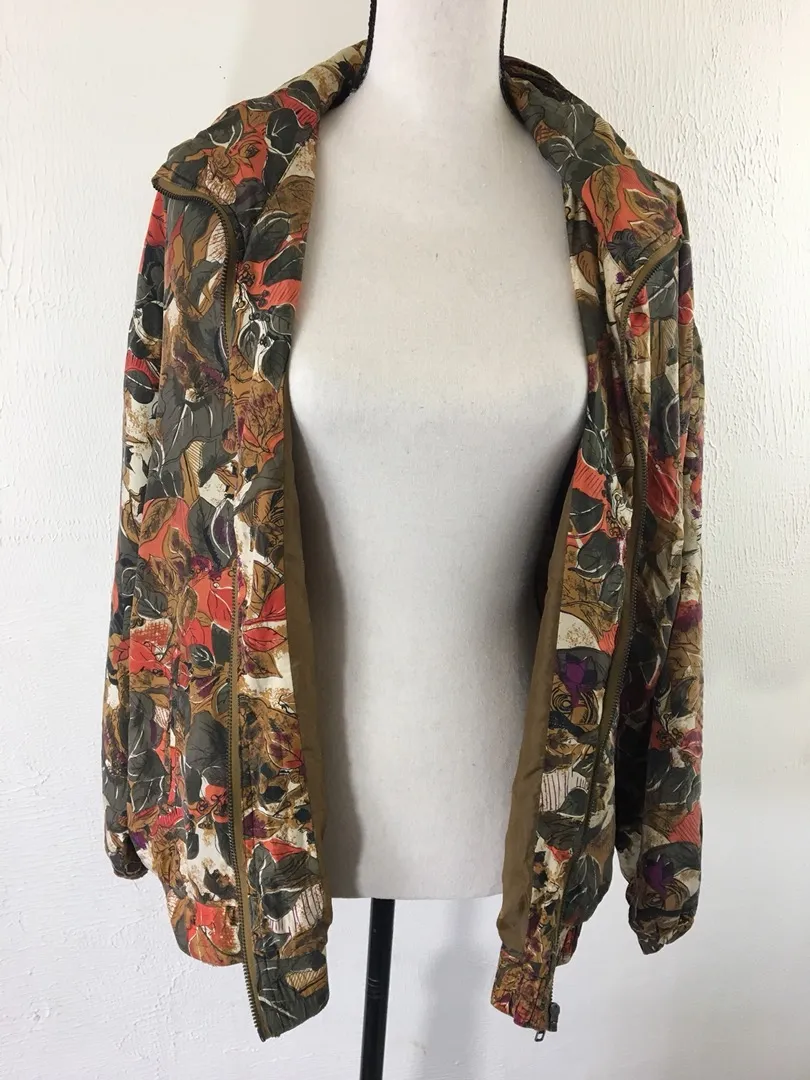 Zip Up Mureli Autumn Leaves Silk Windbreaker Jacket Multiple Size L - Image 3