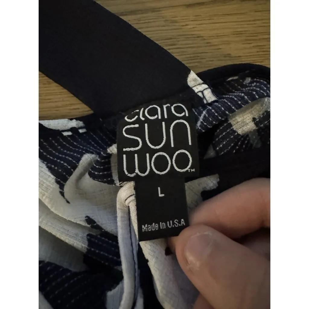 Clara Sun Woo Women Size Large Tunic‎ Top Asymmetrical Floral Stretch Artsy City Blue - Image 3