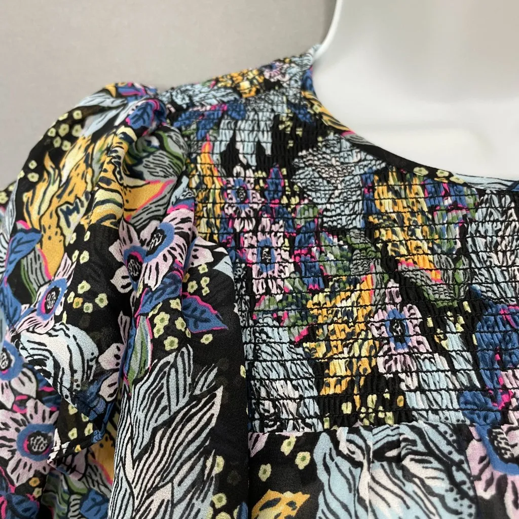 Floral Blouse Sheer Long Sleeve FLAWED Shirred Smocked Ruffles Blue Long‎ Sleeve Size L - Image 11