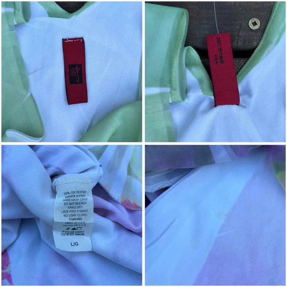 RARE Vintage Y2K Just in Time Green w/ Pink Floral Mini Dress w/ Mesh Overlay Size L - Image 7