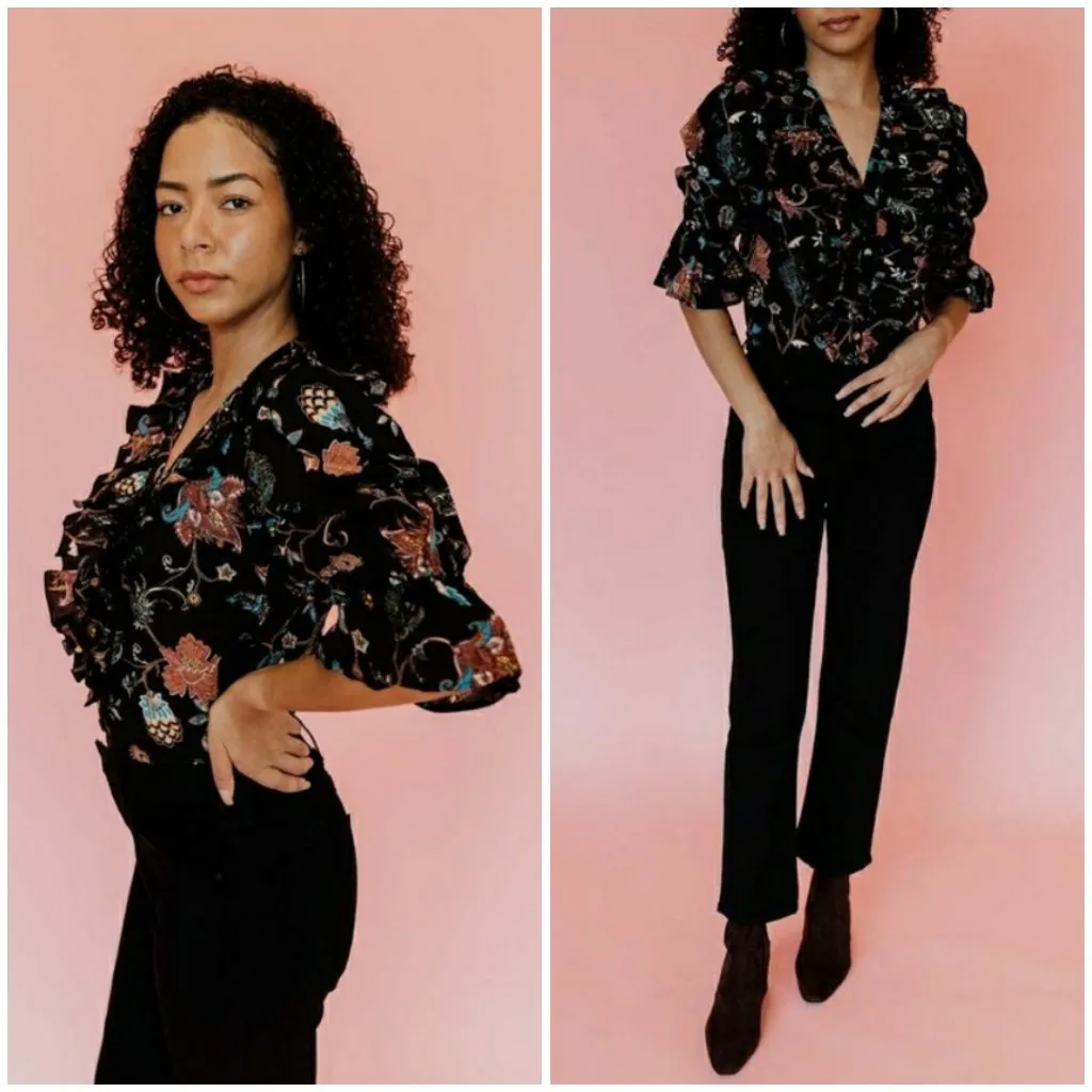 💕MILLE💕 Hanna Top ~ St Germaine Boho Floral Print NWOT Black Size M - Image 10