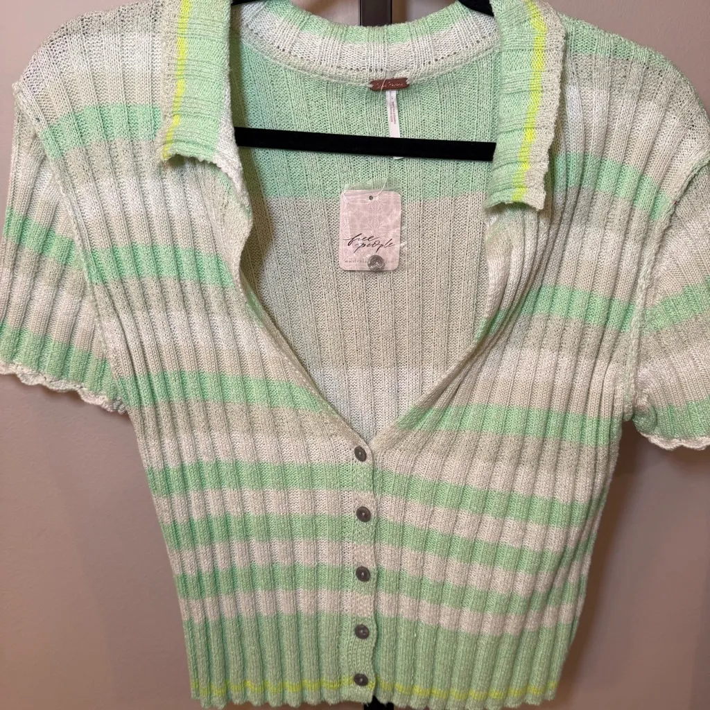 Free People NWT Flirt Cardi‎ Short Sleeve Sweater Green Cream Stripe Size Medium - Image 4