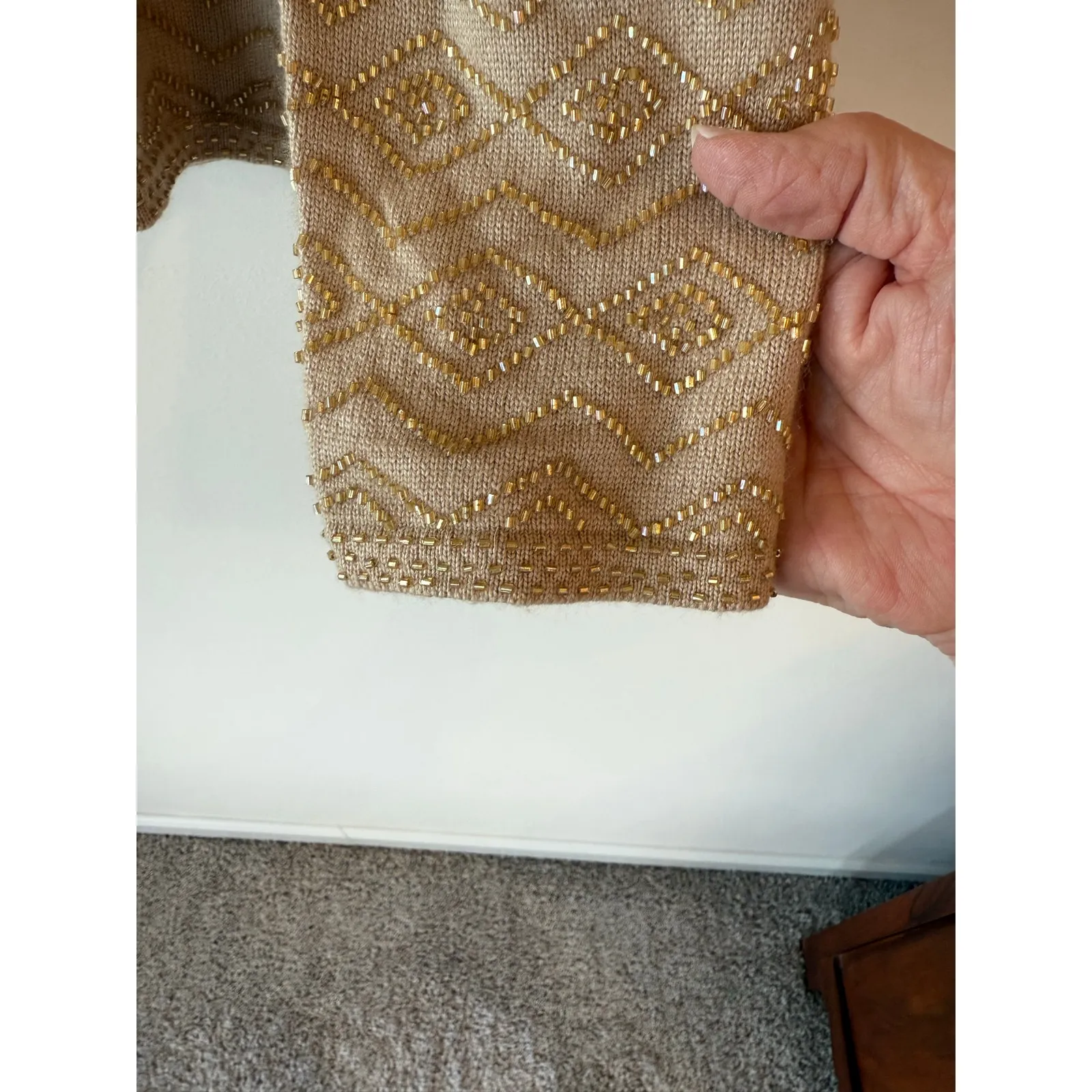 Carlisle Vintage Gold Silk Cashmere Beaded Sweater neck button long sleeve large - Image 6