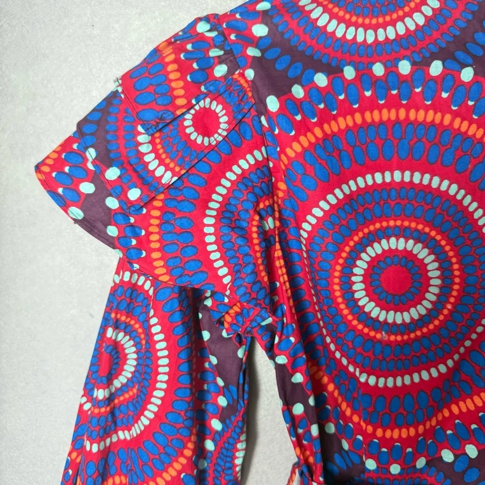 D’IYANU Women’s Anola African Print Dress Red Indigo Circles 100% Cotton size S Blue - Image 8