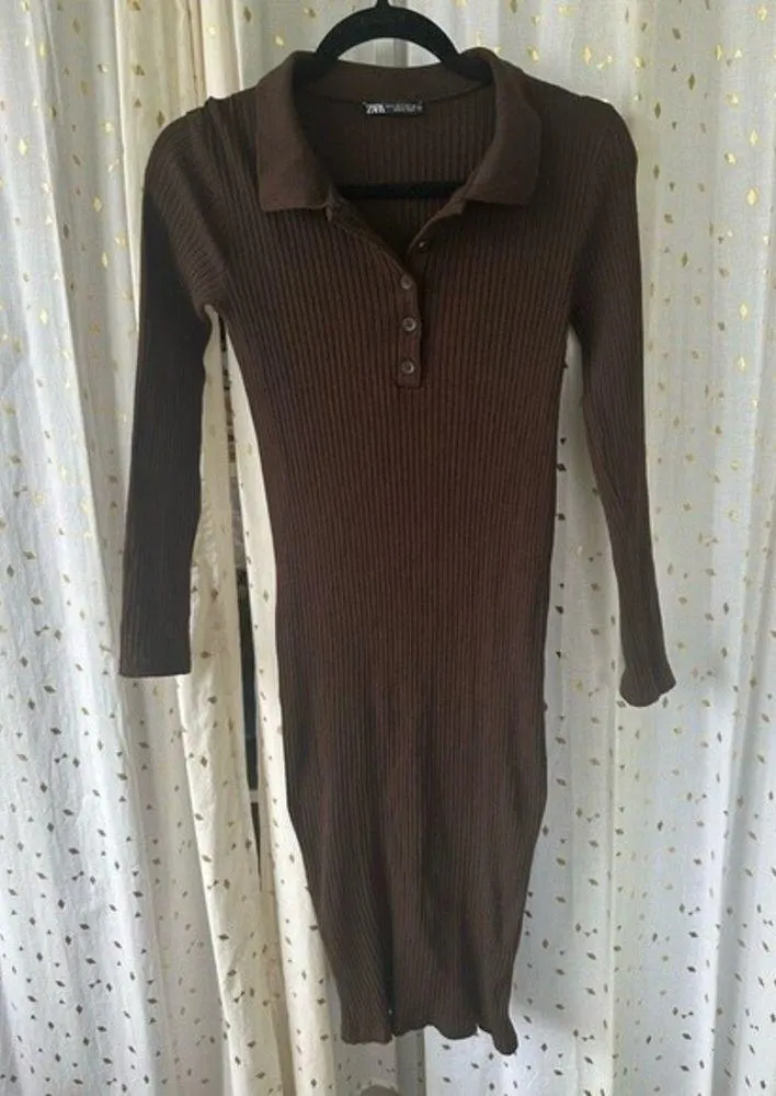 Zara Women's Bodycon Fitted Ribbed Knit Polo Chocolate Brown Dress Size S - Image 2