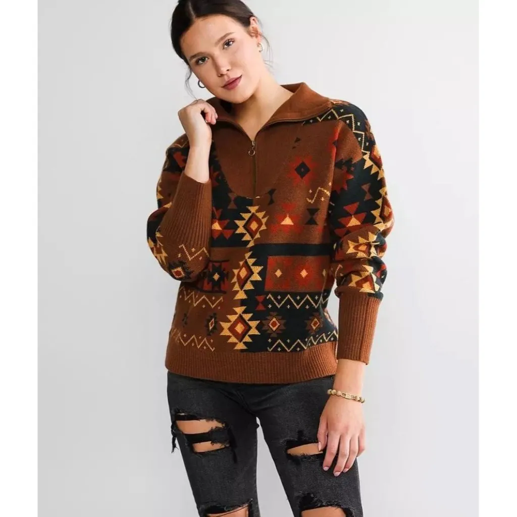 BKE Western Pullover Sweate 3/4 Zip‎ Women’s Size Large Boho Aztec Brown Soft - Image 2