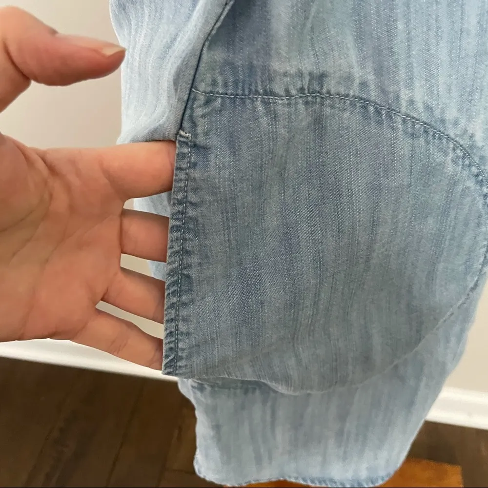 Dress Shirt Tunic Chambray Pockets Ruched Collar Belted Blue - Image 3