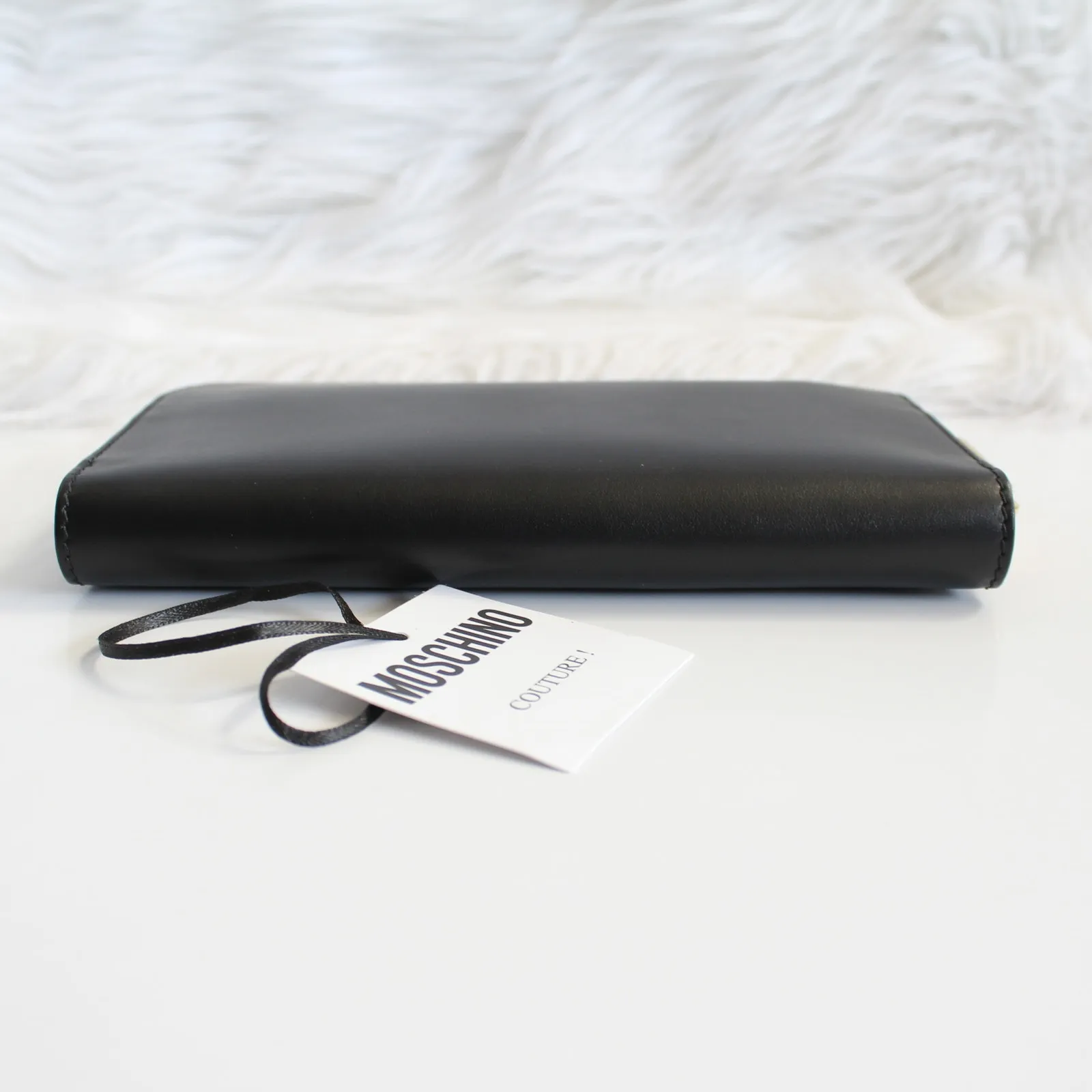 Moschino Black Gold Logo Continental Zip Around Wallet Wristlet New - Image 6