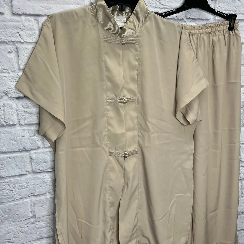 Cacique Womens Short Sleeve Lounge Pajama Set Size M Beige Silky Pants Tunic 2pc - Image 2