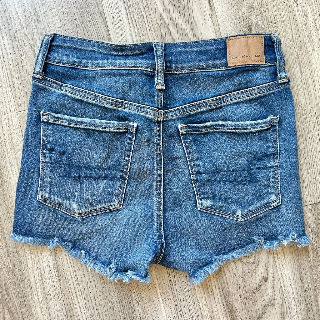 American Eagle Distressed Dark Wash Hi Rise Shortie Shorts Next Level Stretch 4 - Image 5