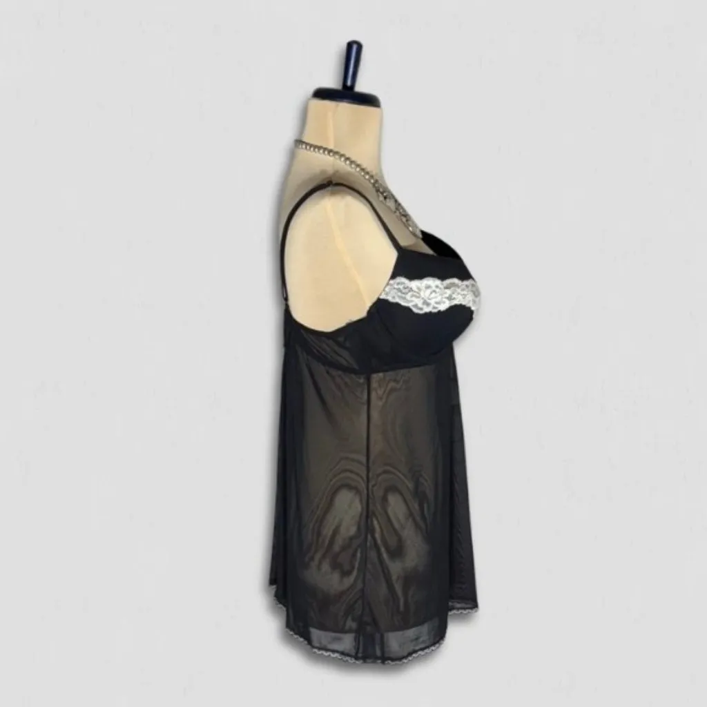 Gilligan O’Malley Sheer Babydoll Nightgown Lace Trim Black/White sz L Black Size L - Image 4