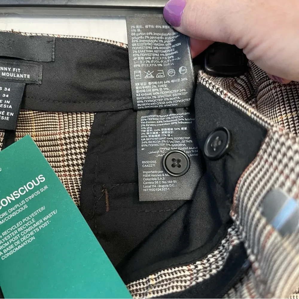 H&M Skinny Fit Brown Gray Taupe Glen Plaid Dress Pants Size 34​‎ - Image 10