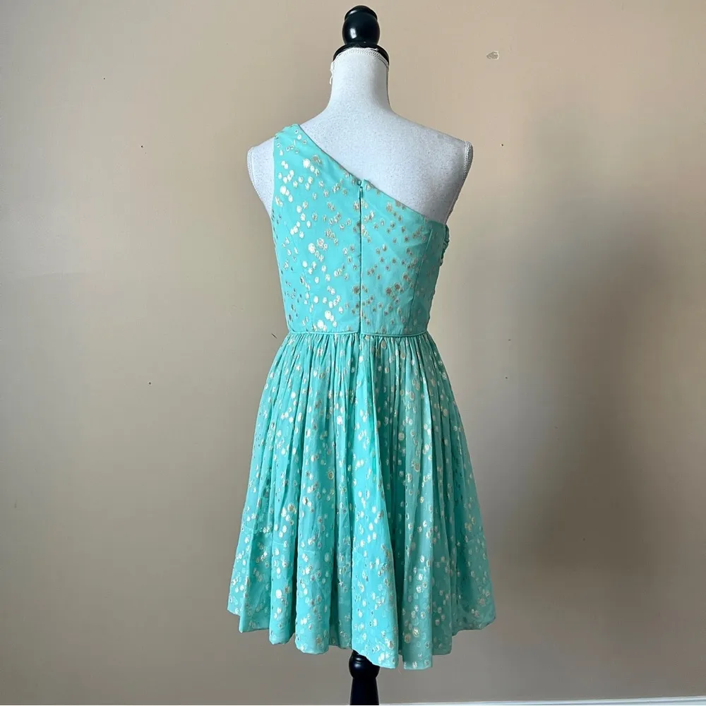 SHOSHANNA | Silk Blend Teal/Metallic Gold Rayna One-Shoulder Cocktail Dress Sz 4 - Image 6