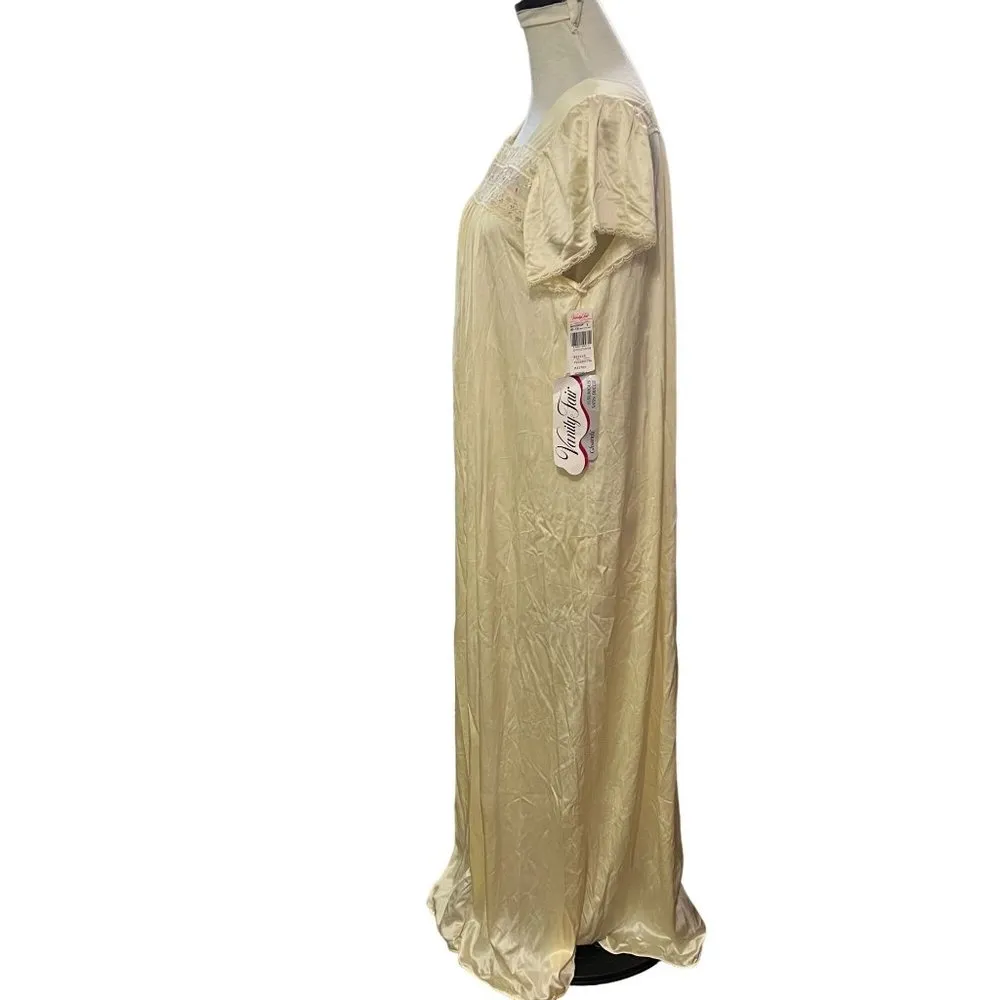 Vanity Fair Buttercup Yellow Long Nightgown Gown Lace Embroidery Nylon Large - Image 3