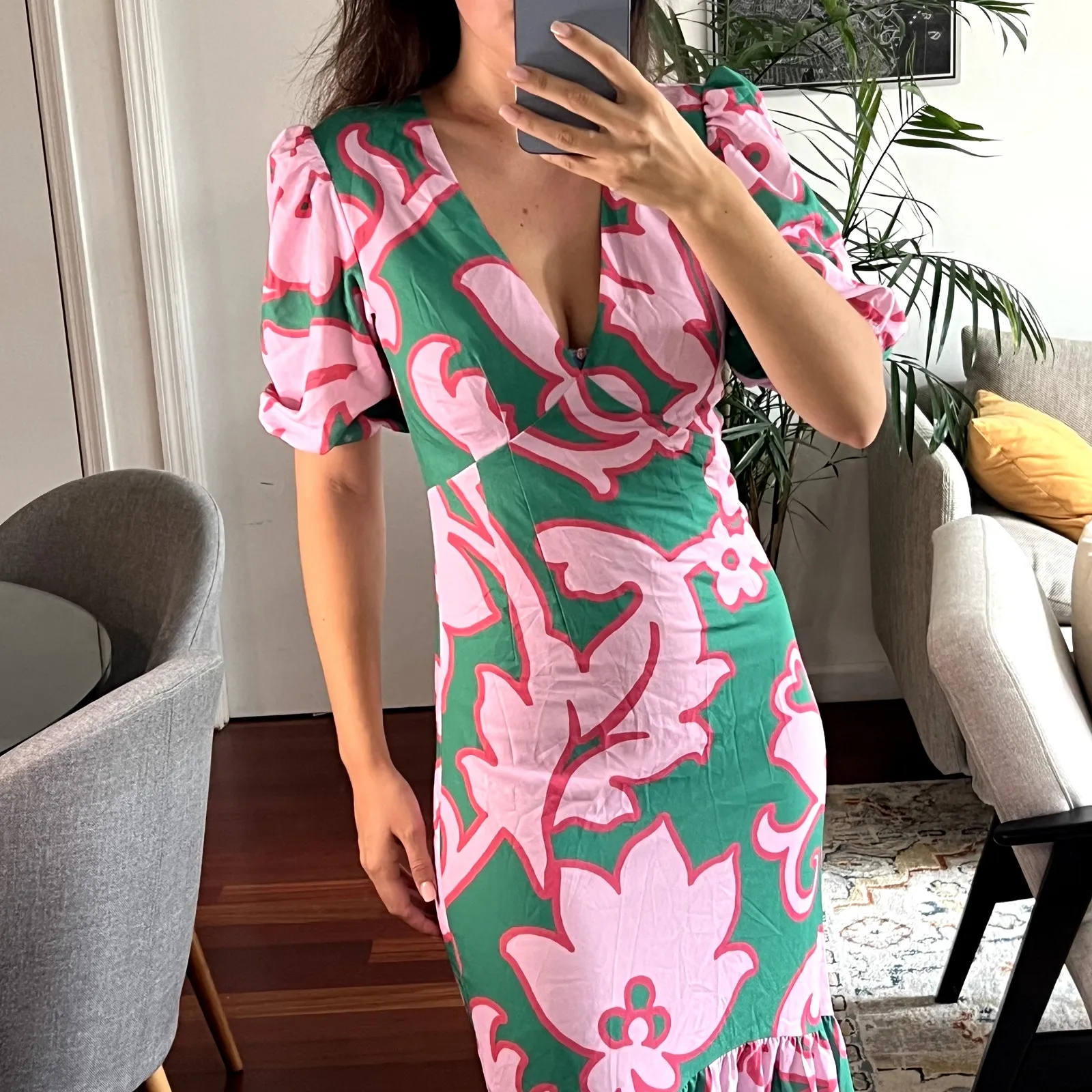 Rhode Ester Dress in Take It Easy Midi dress size 6 green pink CLM - Image 4