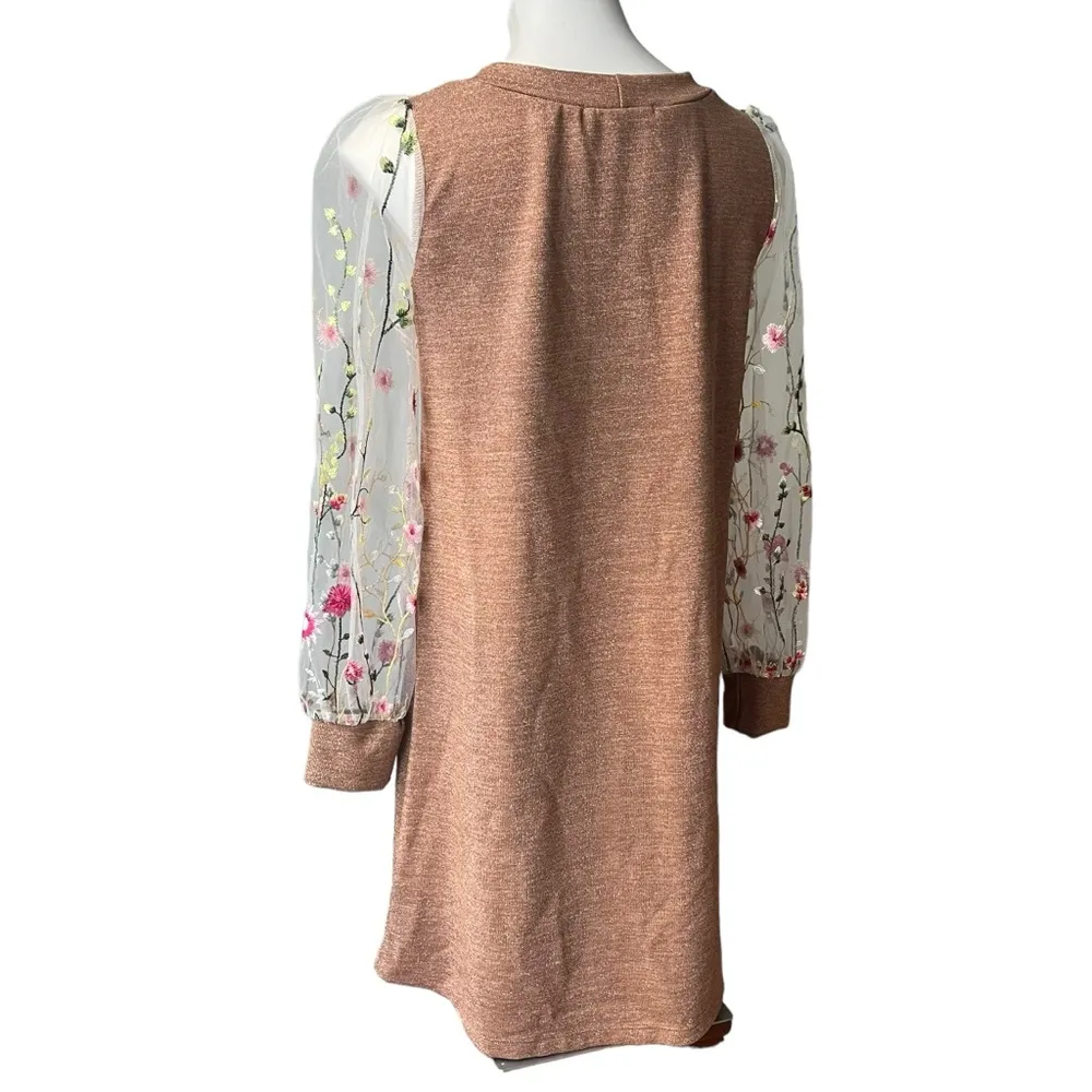 Renee C. Brown Metallic Dress with Sheer Mesh Embroidered Long Sleeves; Sz M - Image 7