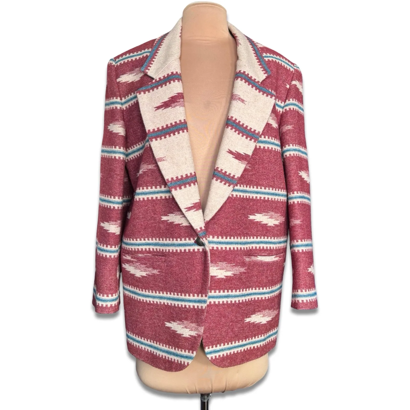 Vintage 90s Red Southwestern Wool Blazer Jacket Size Large Oversized Boho Ranch - Image 12
