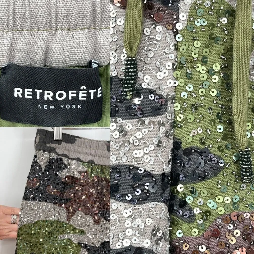 NEW Retrofete Idan Camo Army Sequin High Waisted Loose Fit Cargo Shorts Medium Tan - Image 5