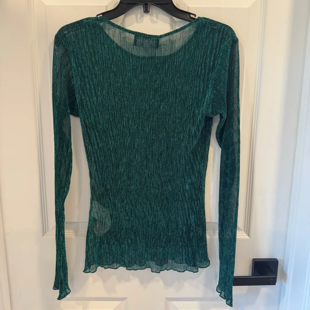 MINKPINK NWT Green Sheer Long Sleeve Shirt Blouse Metallic Shimmer Astrid Top - Image 5