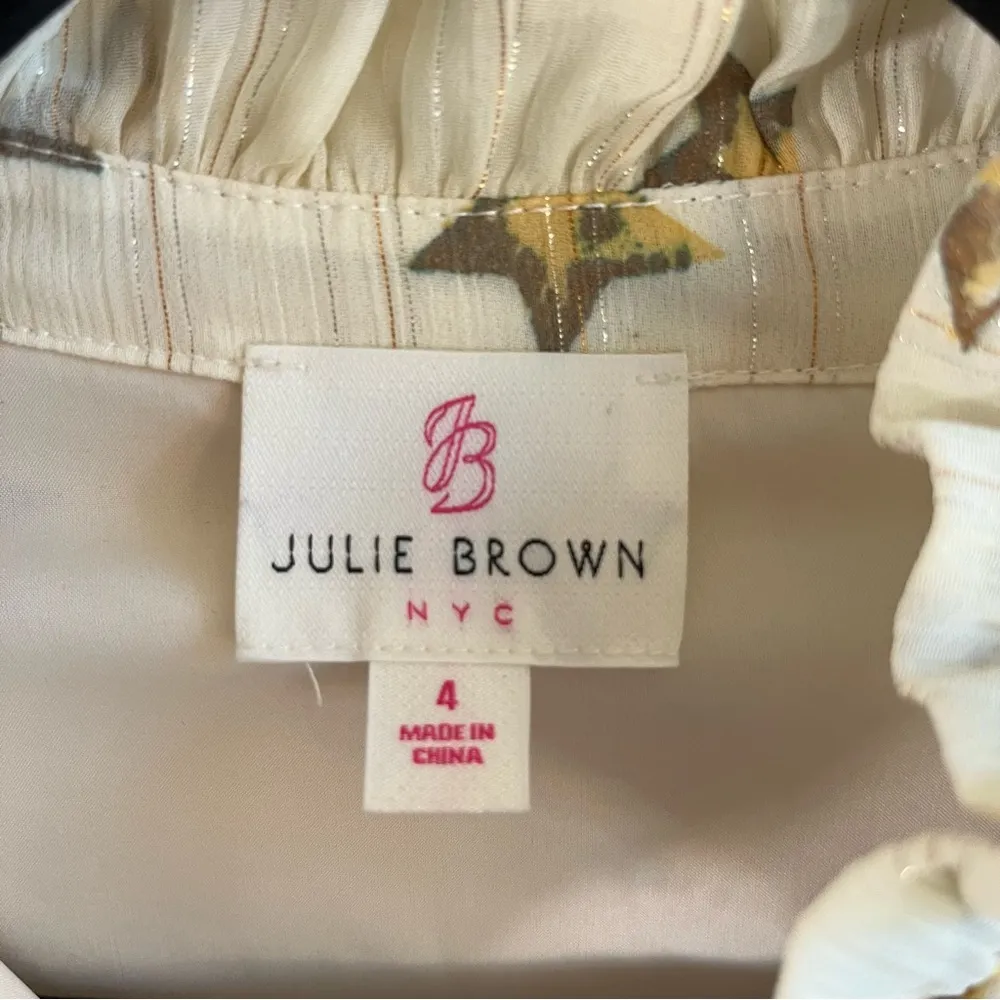 Julie Brown Blouse Ivory w/ Metallic Gold Stars Sleeveless Ruffle Top Sz 4 EUC - Image 8