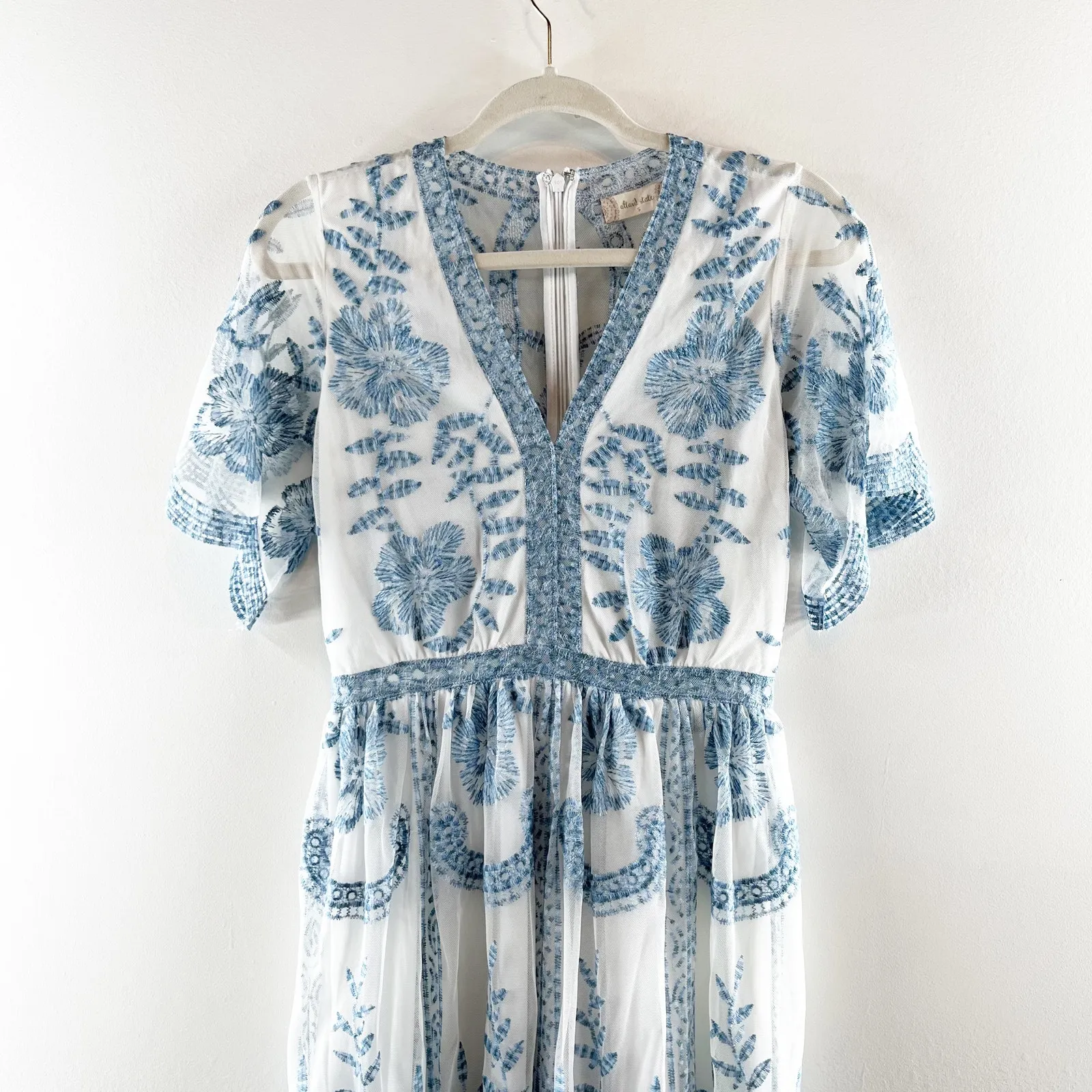 Altar'd State Short Sleeve Embroidered Sheer Boho Lace Catania Maxi Dress Blue S - Image 4