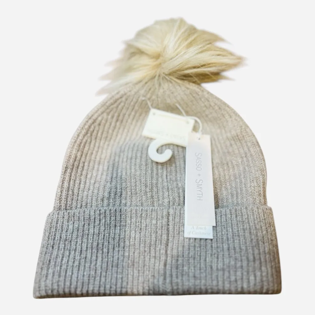 SASSO + SMYTH Ribbed Cuff Faux Fur Pom Beanie in Taupe #F42HS500 NWT Tan - Image 2