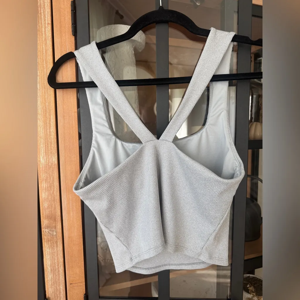 ALO Ribbed Alosoft Longline Sports Bra Athletic Heather squareneck chic tank top - Image 4