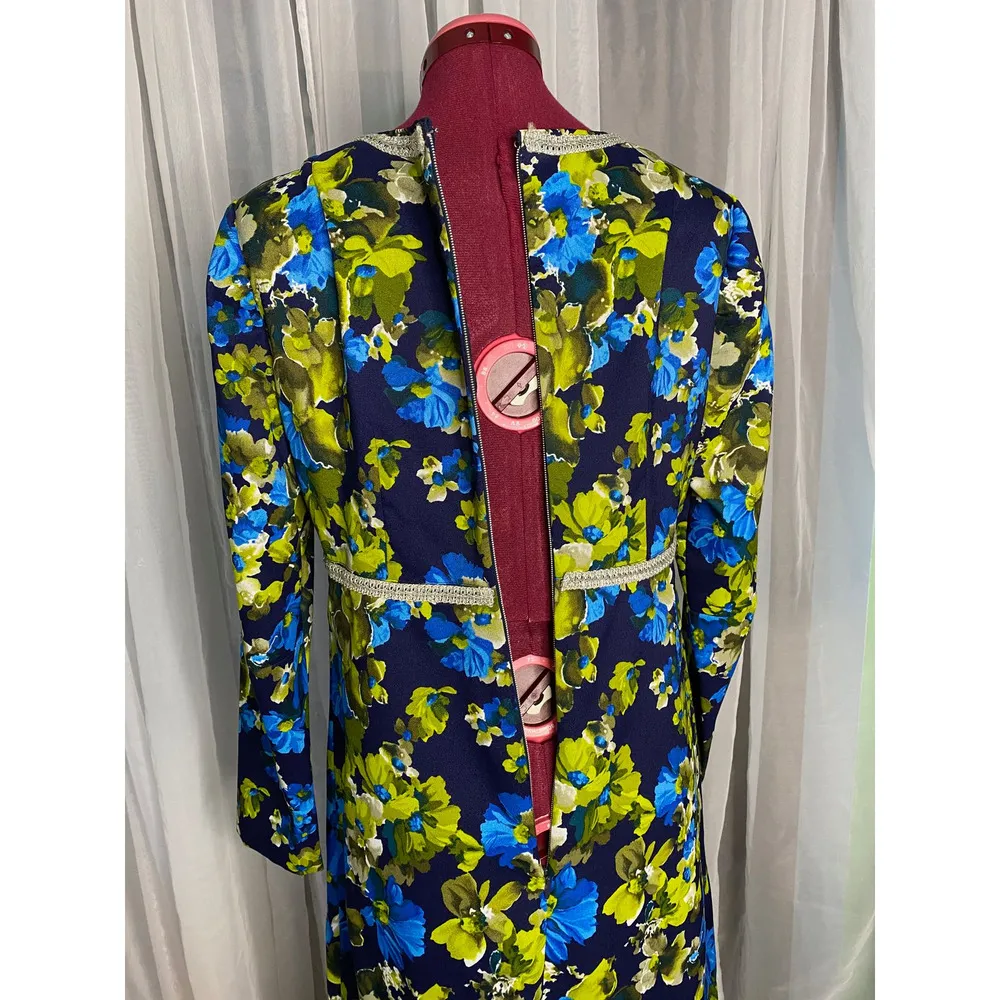 maxi dress Vintage 1960s floral blue green silver - Image 10