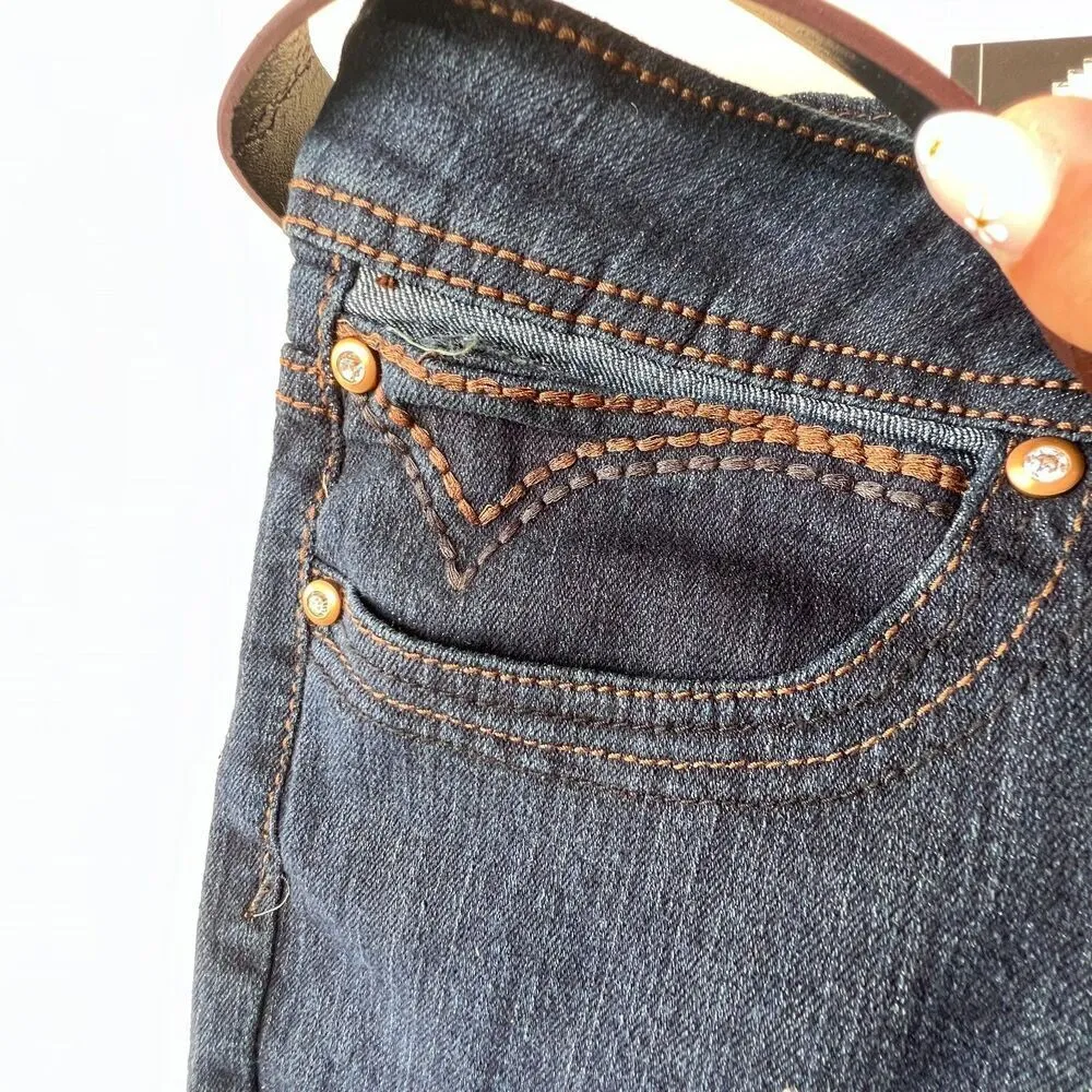 Vintage Harlem womens jean stretch embroidered wash dark blue pocket cowgirl 18 Black - Image 11