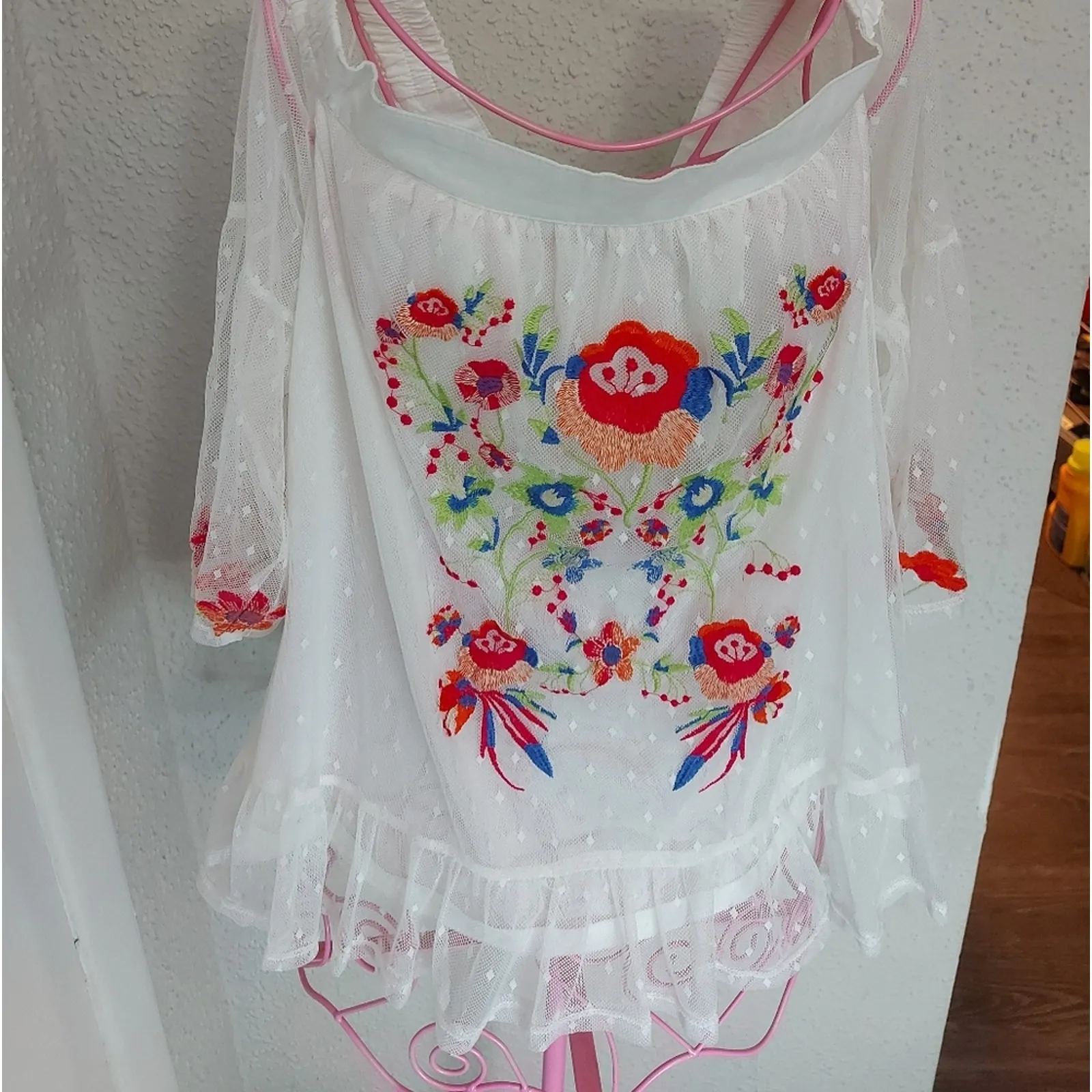 Umgee Boho Mesh Floral Embroidered Peasant Top S Festival Concert Indie Casual - Image 3