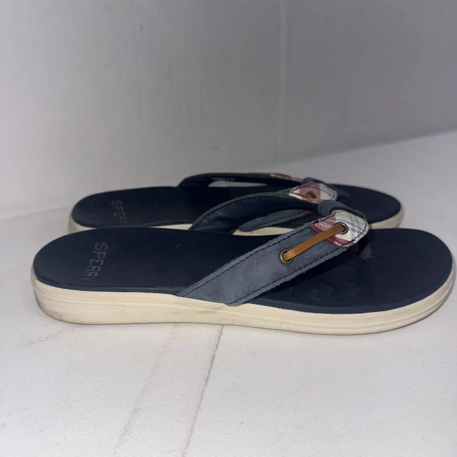 Sperry Women's Seafish Leather Flip Flop Sandals Blue Plaid Nautical Shoes Sz 7 - Image 3