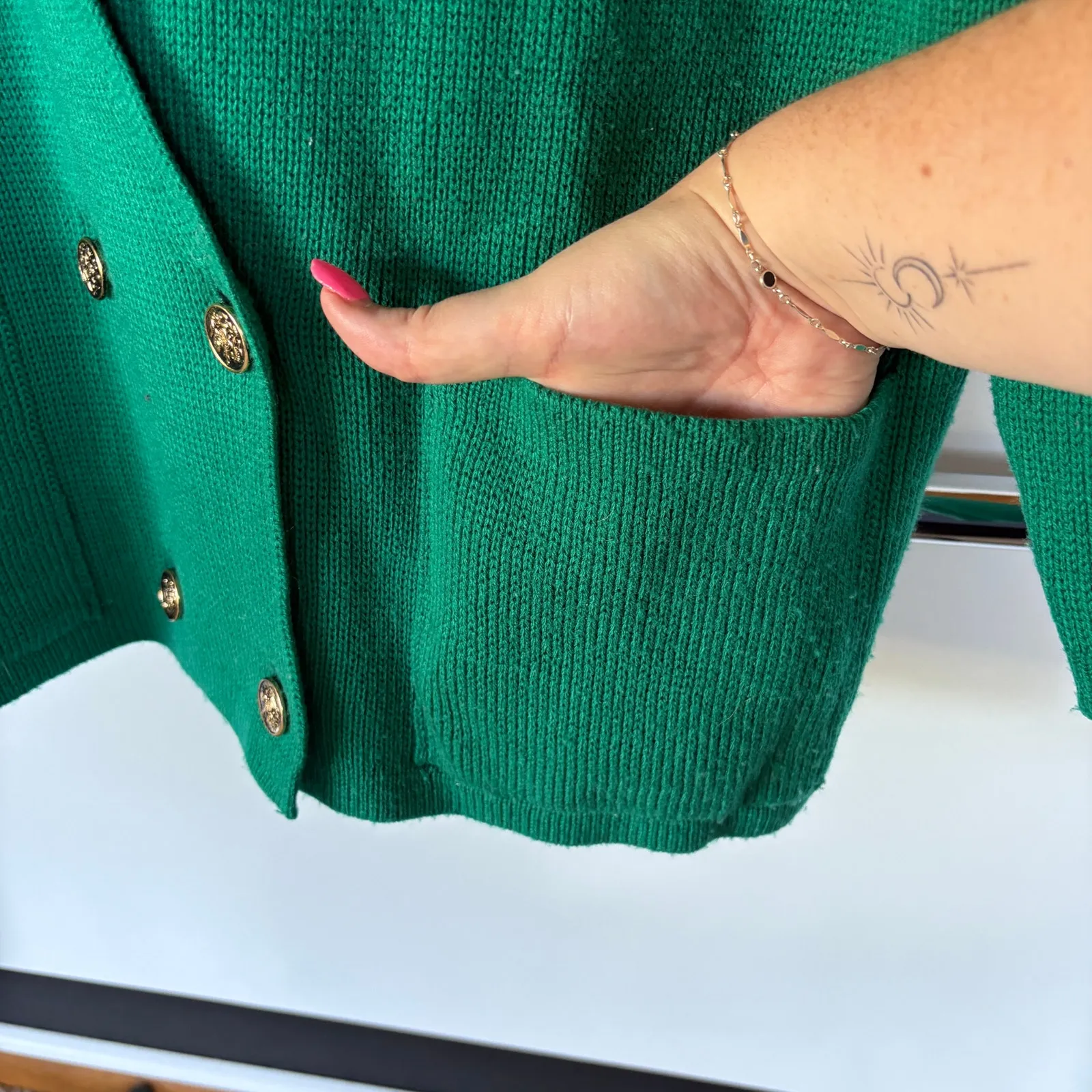 Vintage 80s Kelly Green Cardigan Sweater Double Breasted Knit Grandpa Small - Image 5