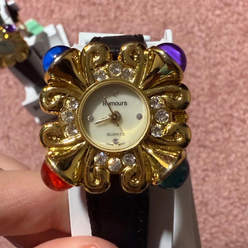 2 Rumours Watch Womens 28mm Gold Tone Crystal Bezel Braided Leather Vintage Black - Image 4